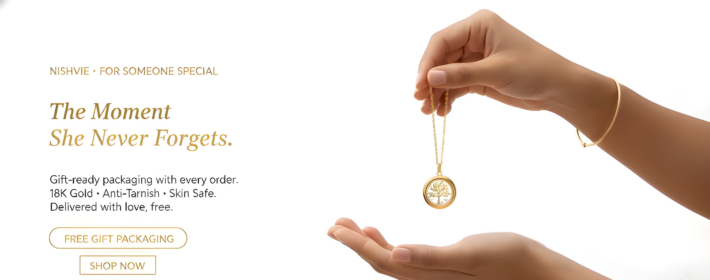 Gold necklace being held above a hand with text about gift packaging and free shipping.
