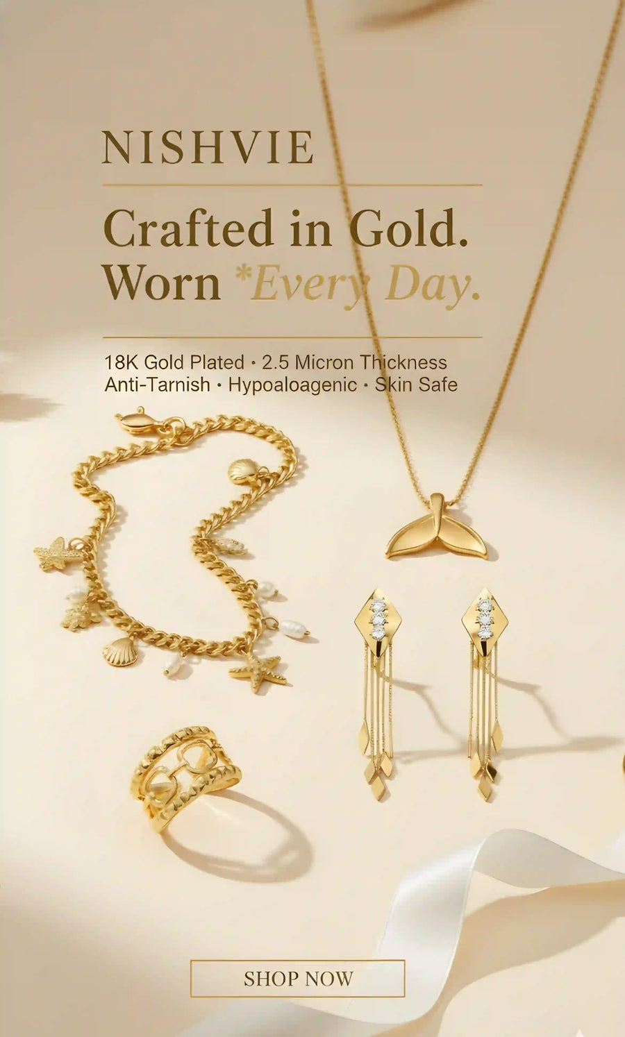 Gold jewelry set from Nishvie, including a necklace with a mermaid tail pendant, a shell charm bracelet, a ring, and matching earrings, displayed on a warm beige background with promotional text.