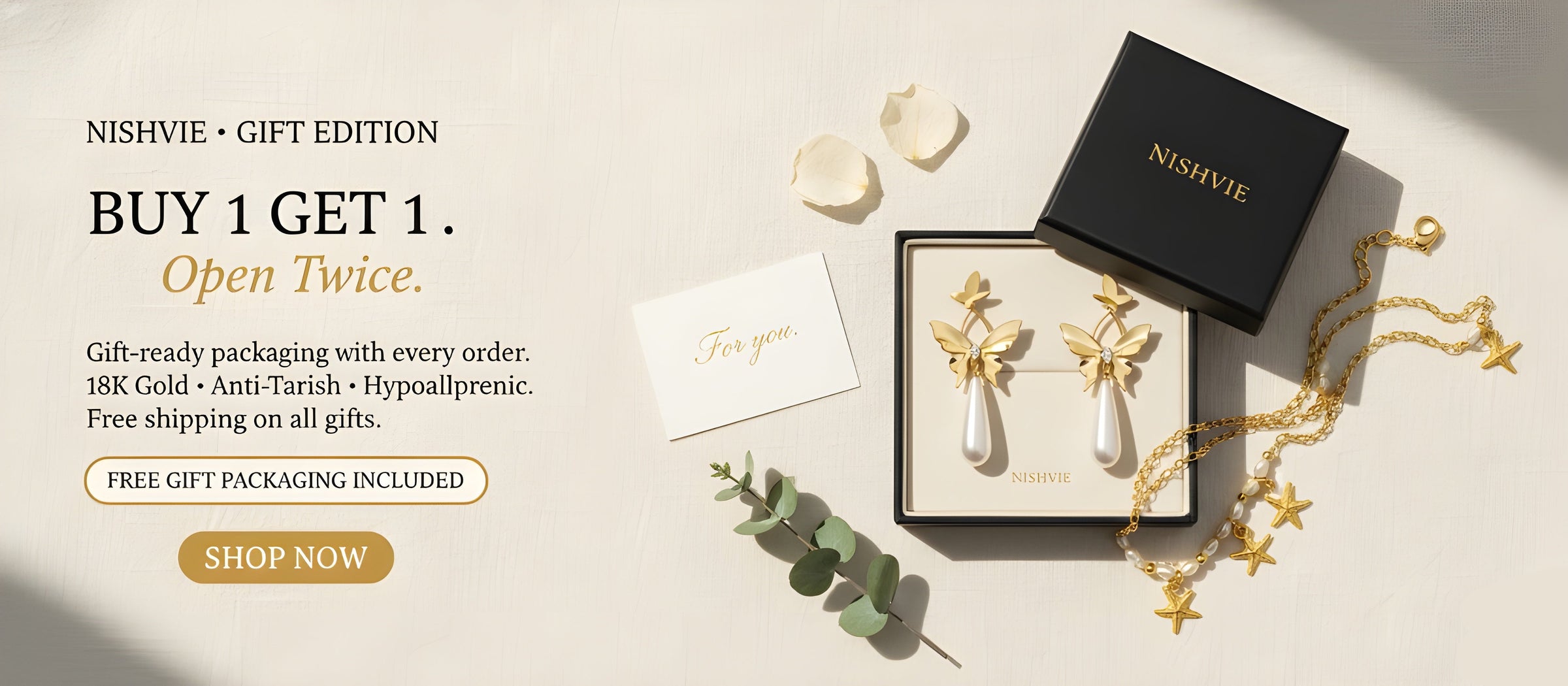 Nishivie jewelry set with packaging and promotional text on a light background